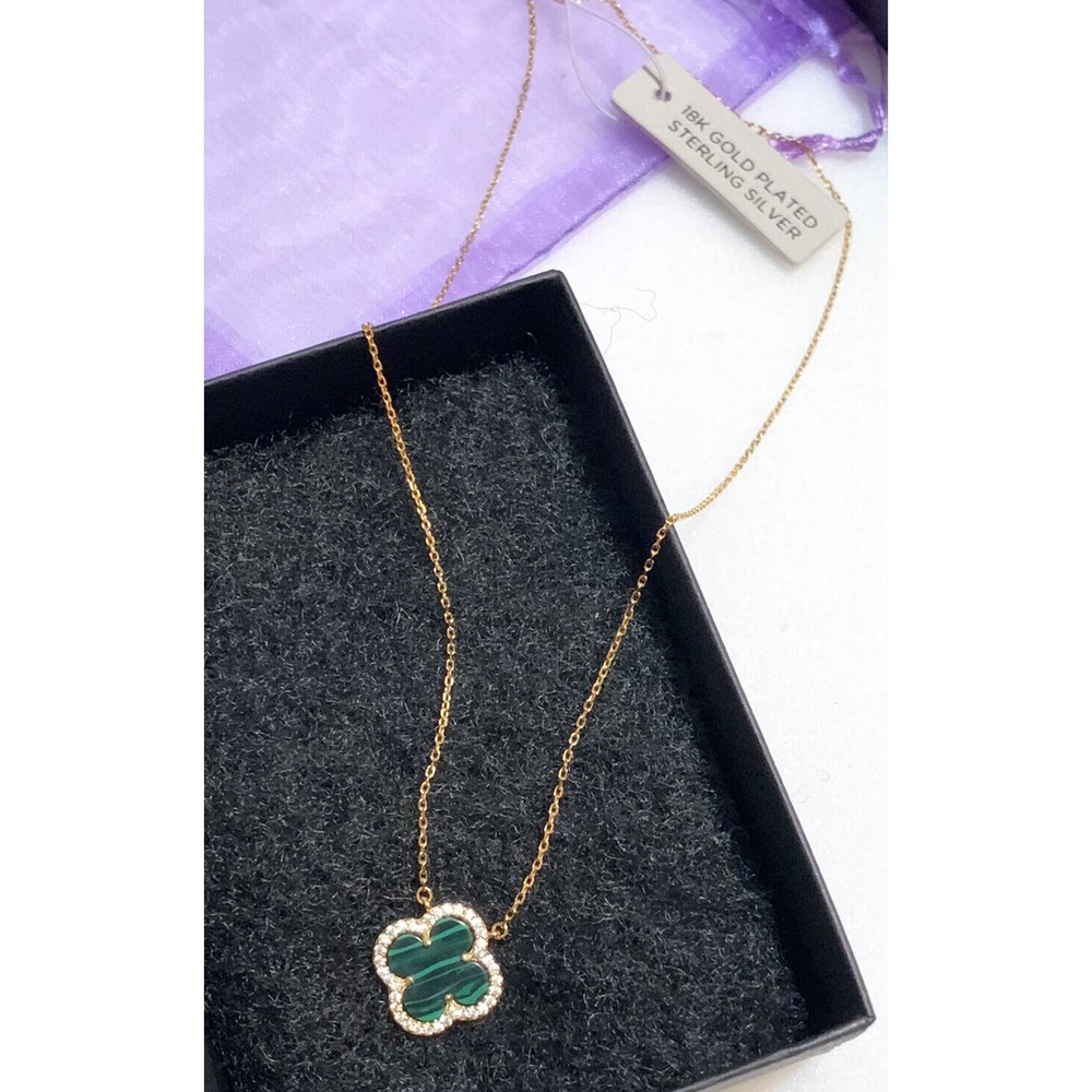 Rachel Zoe 18KT Gold Sterling Silver Green Malachite & Pave Clover Neckl…